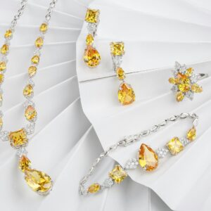 A luxurious jewelry set featuring citrine and diamond pieces, elegantly displayed with a bright and sparkling aesthetic.